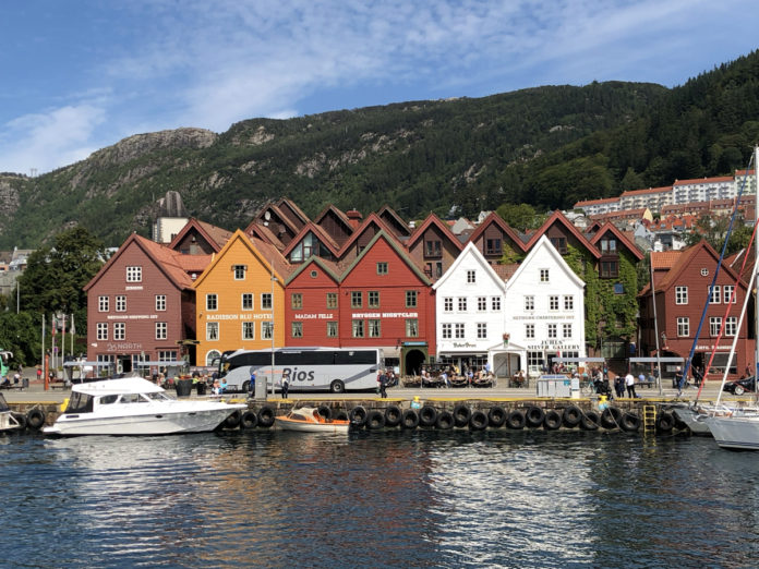 Wooden houses overlook the wharf in Bergen, Norway.