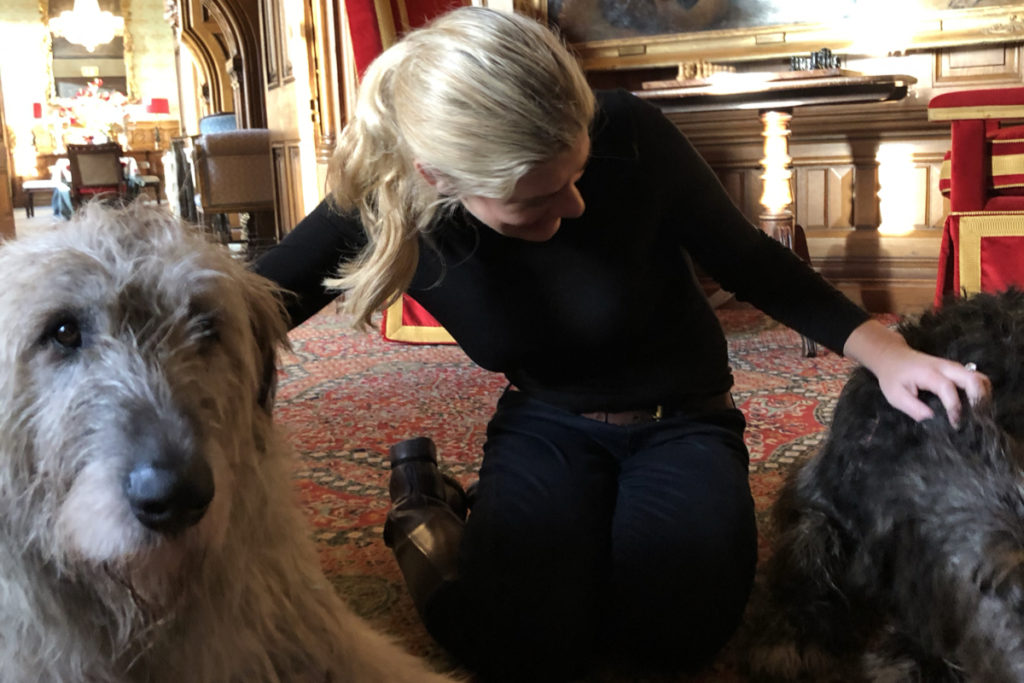 A blonde woman pets two Irish Wolfhounds in the oppulent lobby of Ashford Castle.