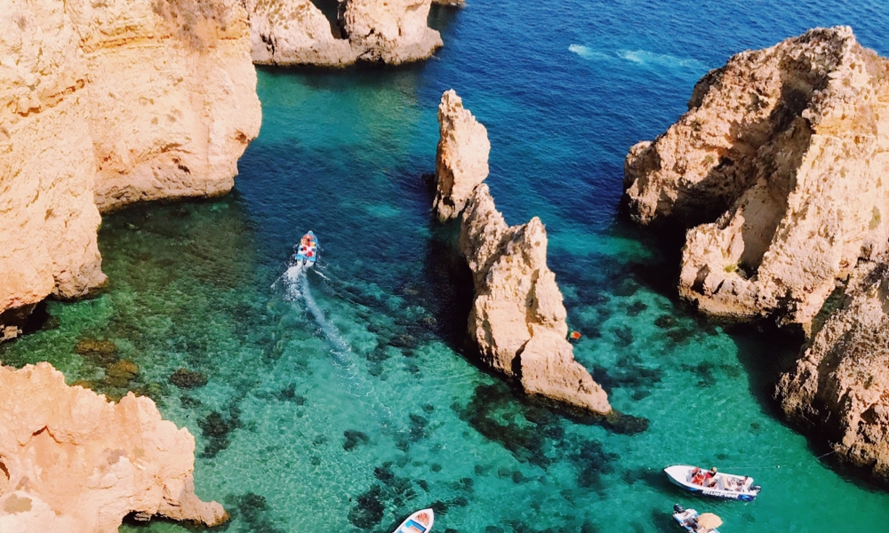 Overhead view of the rocks at the Algarve in Portugal.